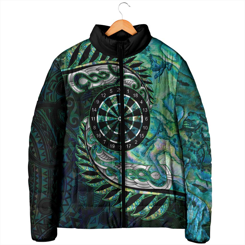 New Zealand Darts Personalised Padded Jacket Aotearoa Silver Fern Green Papua Shell Spirit - Aussie Hoodie
