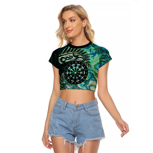 New Zealand Darts Personalised Raglan Cropped T Shirt Aotearoa Silver Fern Green Papua Shell Spirit