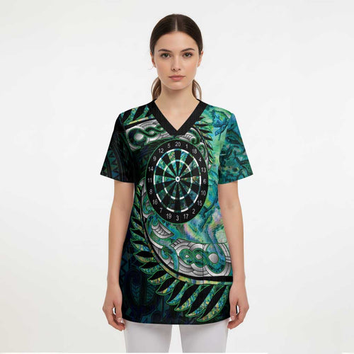 New Zealand Darts Personalised Scrub Top Aotearoa Silver Fern Green Papua Shell Spirit - Aussie Hoodie