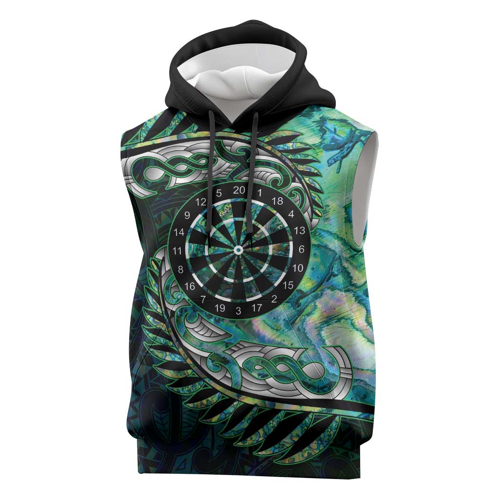 New Zealand Darts Personalised Sleeveless Hoodie Aotearoa Silver Fern Green Papua Shell Spirit - Aussie Hoodie