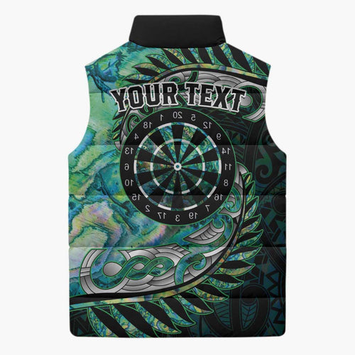 New Zealand Darts Personalised Sleeveless Puffer Jacket Aotearoa Silver Fern Green Papua Shell Spirit - Aussie Hoodie