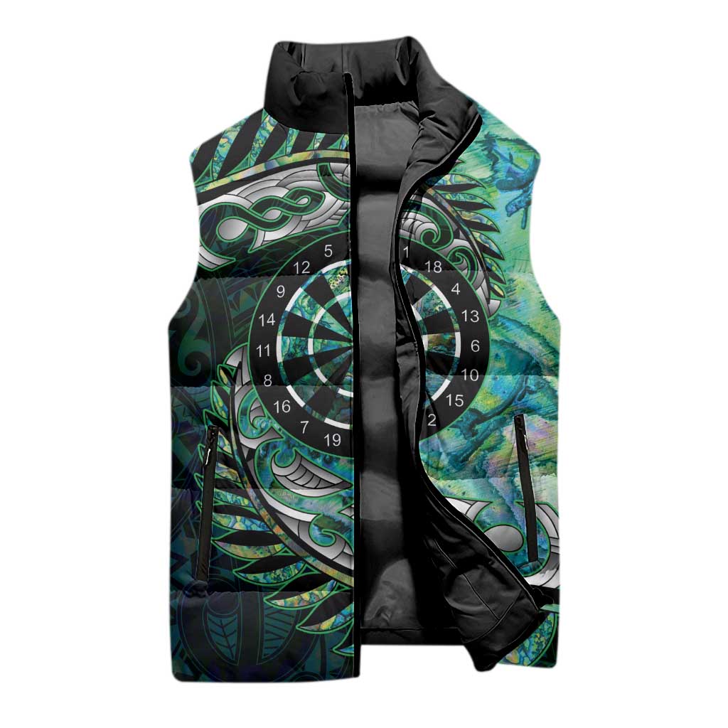 New Zealand Darts Personalised Sleeveless Puffer Jacket Aotearoa Silver Fern Green Papua Shell Spirit - Aussie Hoodie