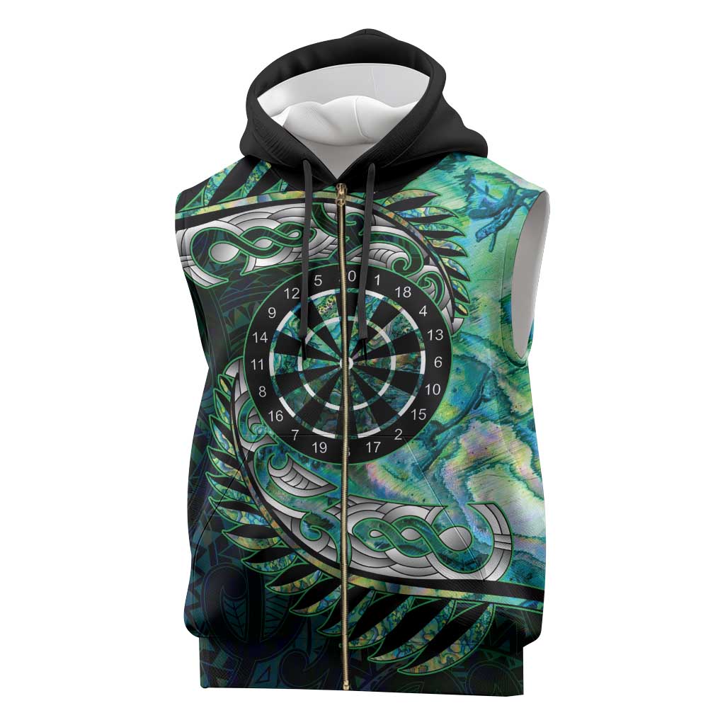 New Zealand Darts Personalised Sleeveless Zip Hoodie Aotearoa Silver Fern Green Papua Shell Spirit - Aussie Hoodie