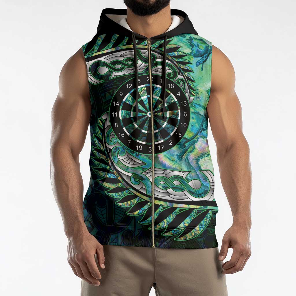 New Zealand Darts Personalised Sleeveless Zip Hoodie Aotearoa Silver Fern Green Papua Shell Spirit - Aussie Hoodie