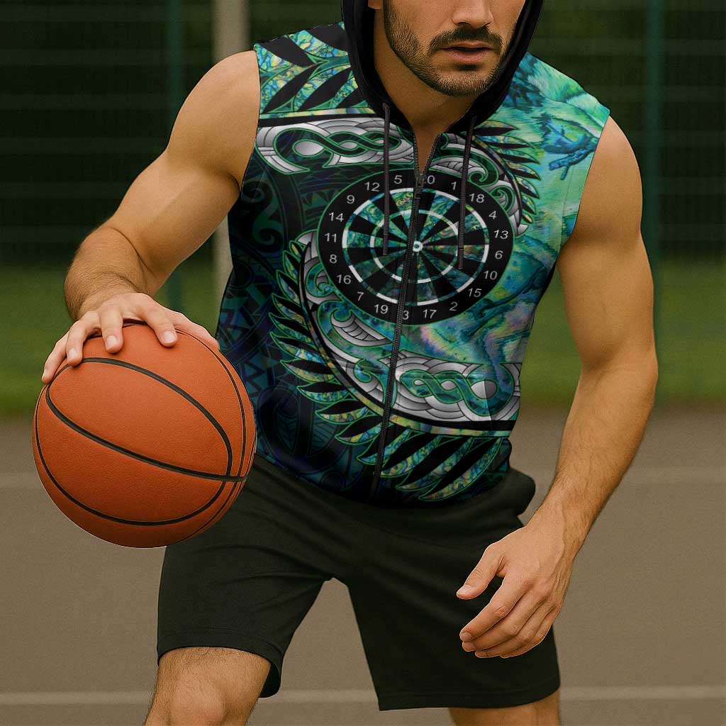 New Zealand Darts Personalised Sleeveless Zip Hoodie Aotearoa Silver Fern Green Papua Shell Spirit LT9