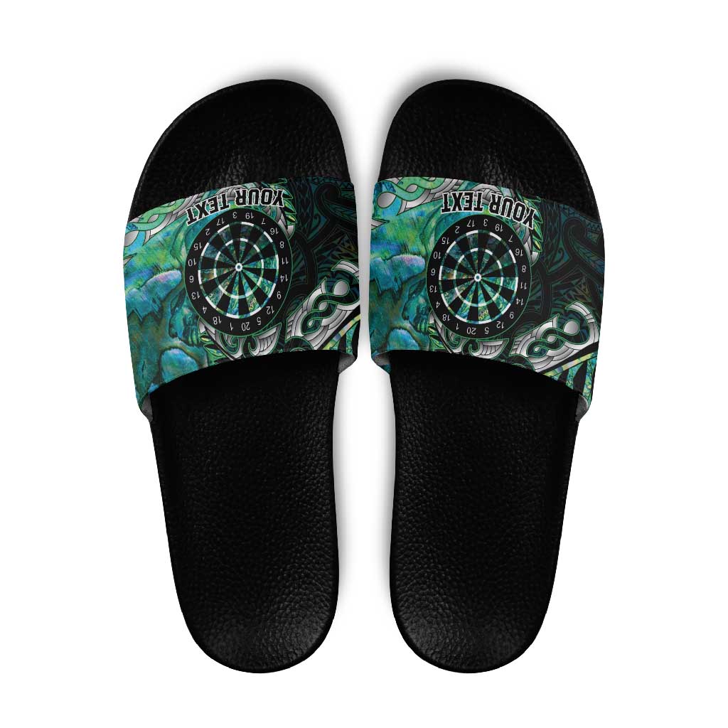 New Zealand Darts Personalised Slide Sandals Aotearoa Silver Fern Green Papua Shell Spirit - Aussie Hoodie