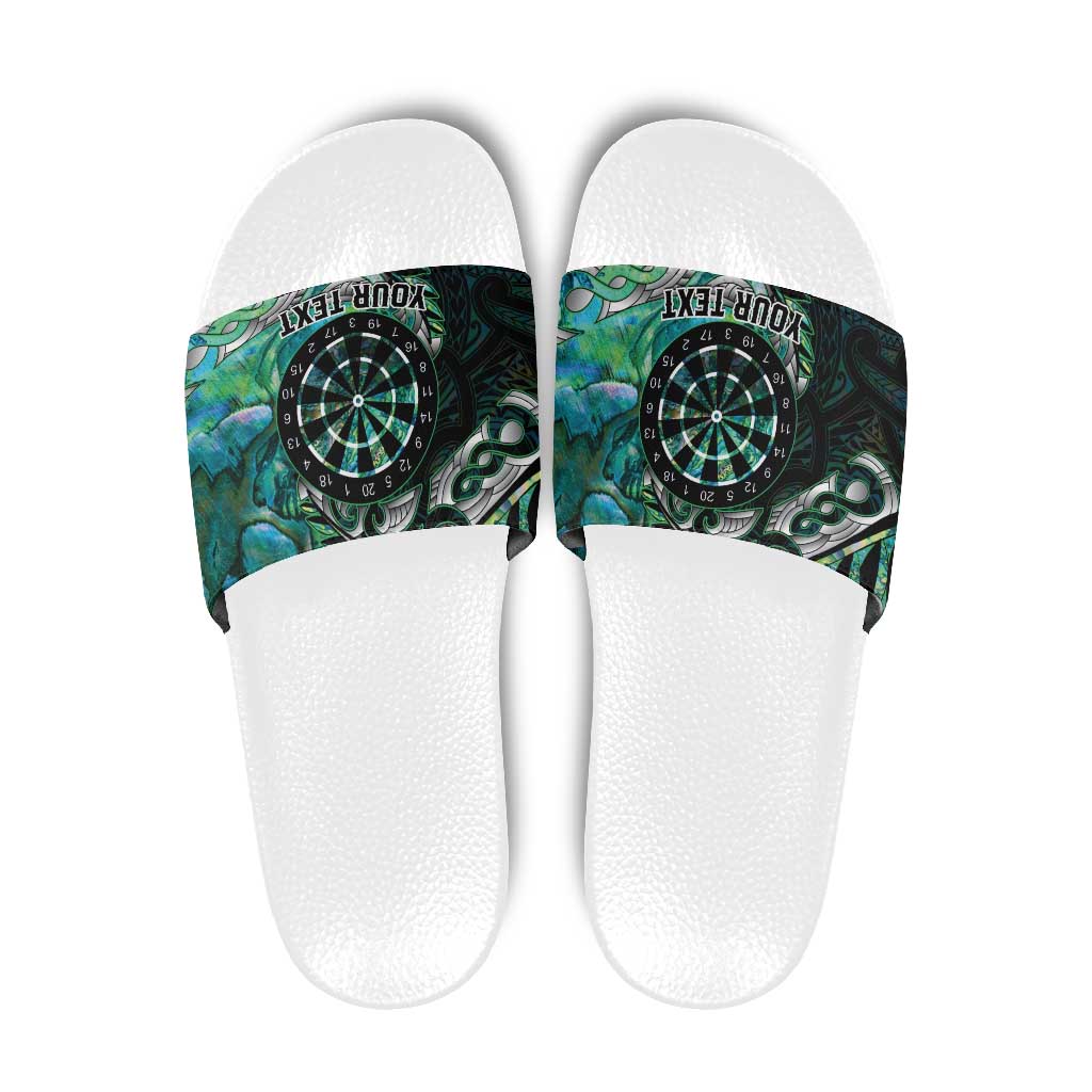 New Zealand Darts Personalised Slide Sandals Aotearoa Silver Fern Green Papua Shell Spirit - Aussie Hoodie