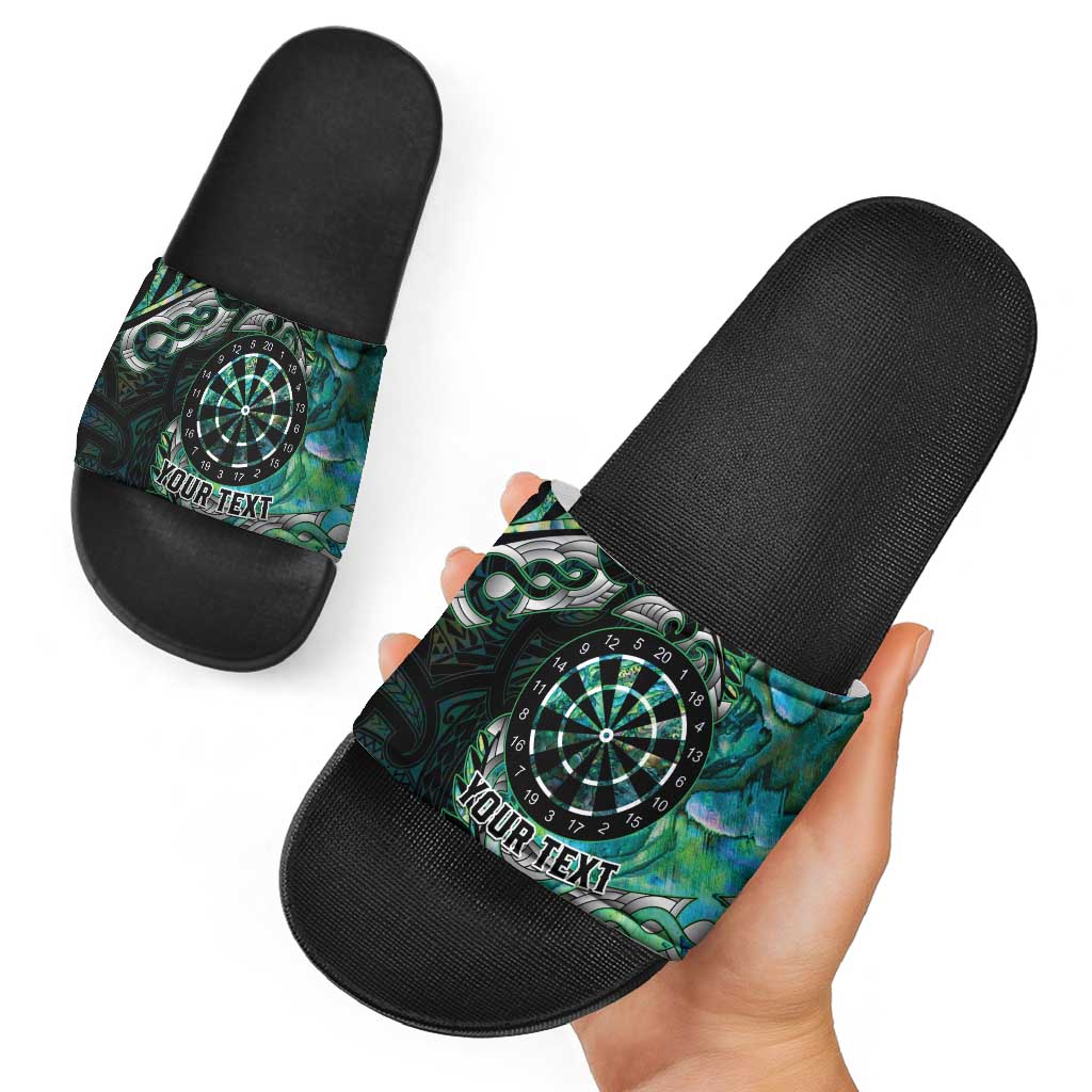New Zealand Darts Personalised Slide Sandals Aotearoa Silver Fern Green Papua Shell Spirit - Aussie Hoodie