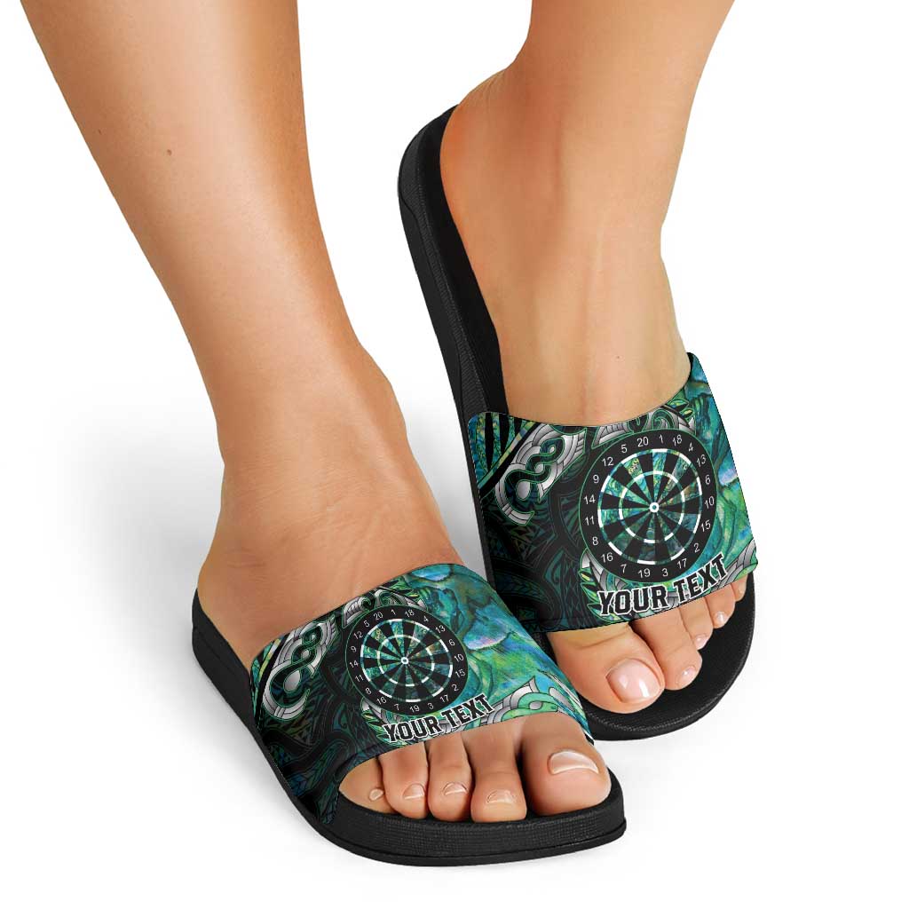 New Zealand Darts Personalised Slide Sandals Aotearoa Silver Fern Green Papua Shell Spirit - Aussie Hoodie
