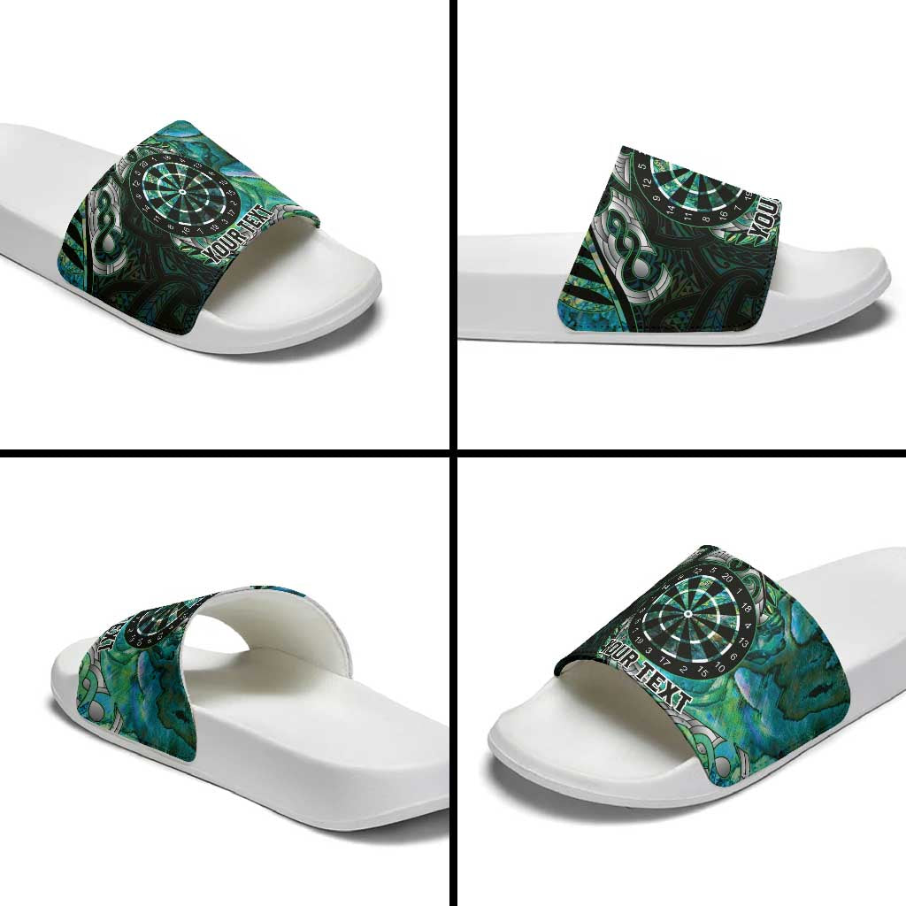 New Zealand Darts Personalised Slide Sandals Aotearoa Silver Fern Green Papua Shell Spirit - Aussie Hoodie