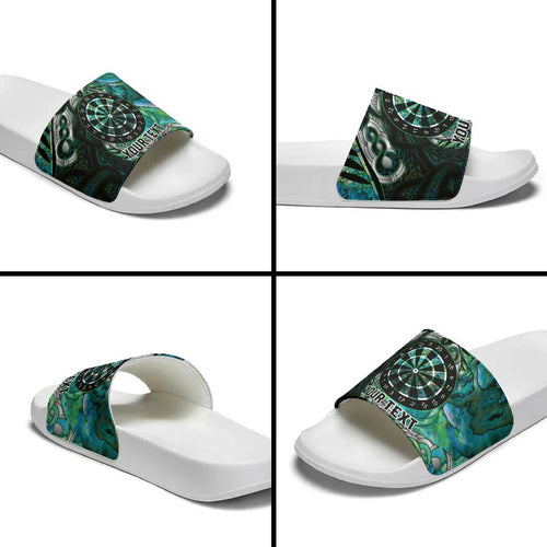 New Zealand Darts Personalised Slide Sandals Aotearoa Silver Fern Green Papua Shell Spirit - Aussie Hoodie