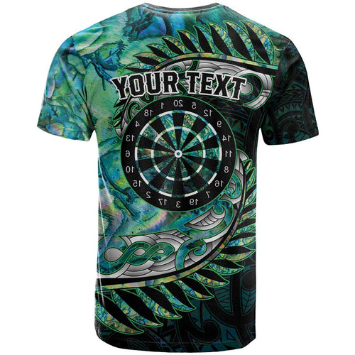 New Zealand Darts Personalised T Shirt Aotearoa Silver Fern Green Papua Shell Spirit