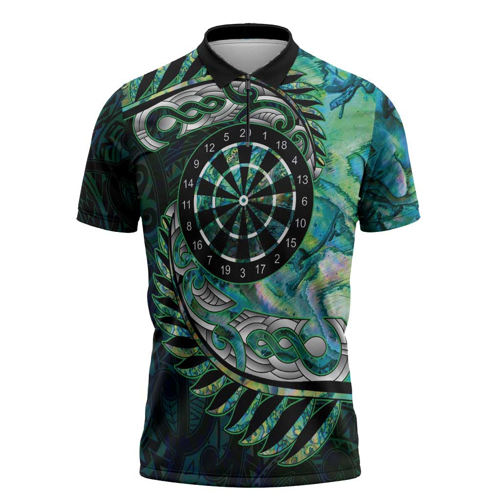 New Zealand Darts Personalised Zipper Polo Shirt Aotearoa Silver Fern Green Papua Shell Spirit - Aussie Hoodie