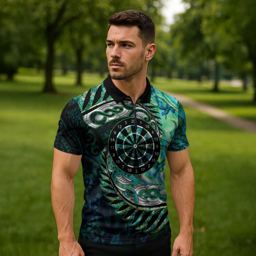New Zealand Darts Personalised Zipper Polo Shirt Aotearoa Silver Fern Green Papua Shell Spirit - Aussie Hoodie