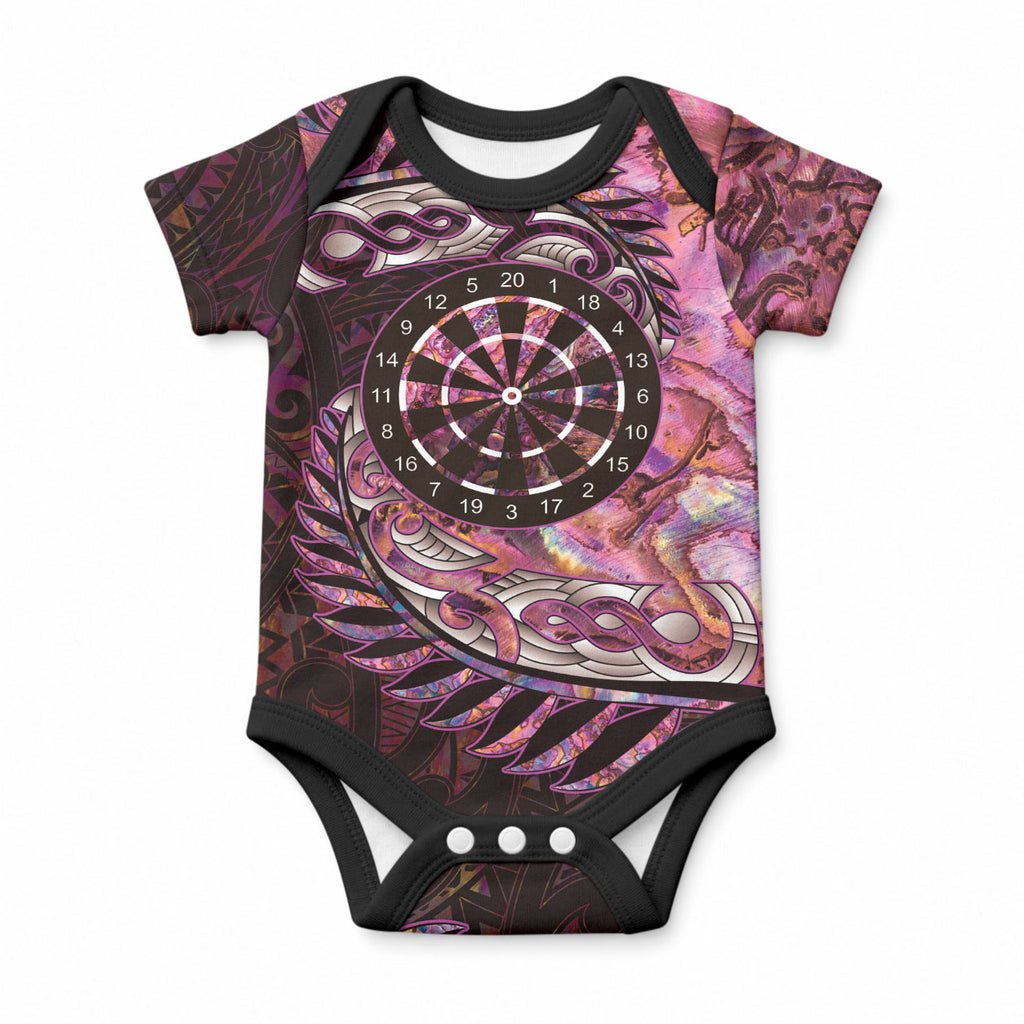 New Zealand Darts Personalised Baby Onesie Aotearoa Silver Fern Pink Papua Shell Spirit