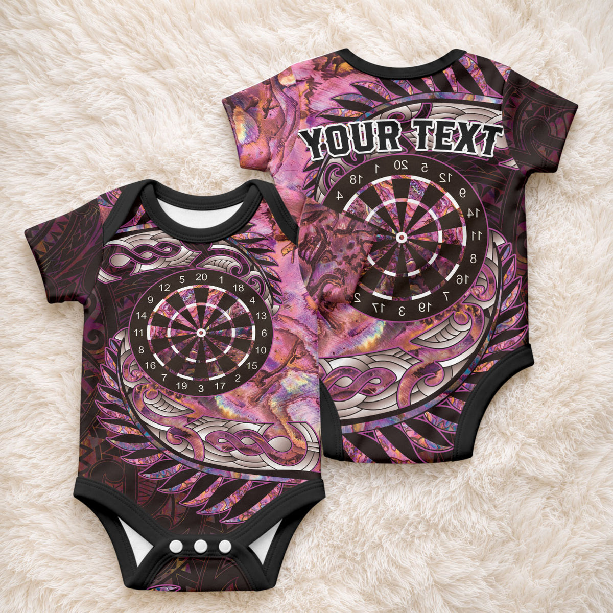 New Zealand Darts Personalised Baby Onesie Aotearoa Silver Fern Pink Papua Shell Spirit