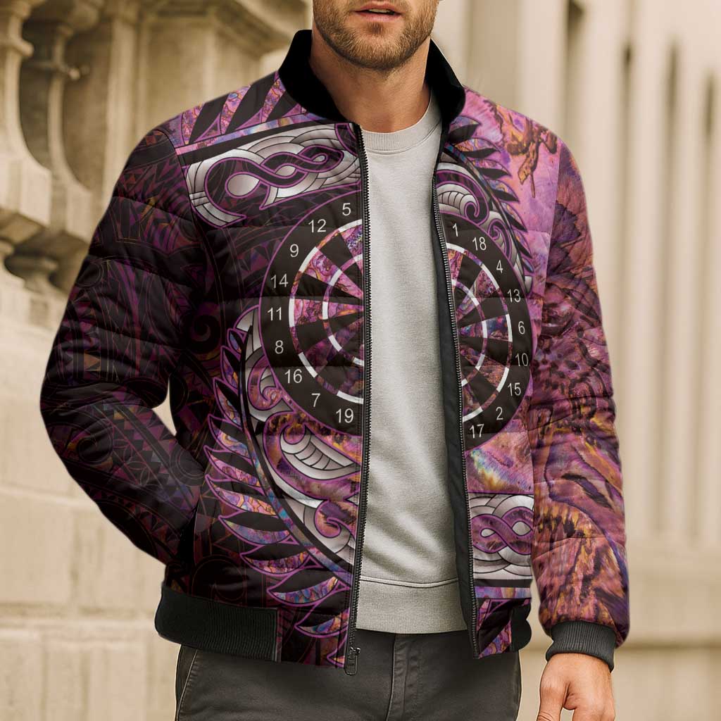 New Zealand Darts Personalised Bomber Puffer Jacket Aotearoa Silver Fern Pink Papua Shell Spirit - Aussie Hoodie