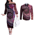New Zealand Darts Personalised Couples Matching Off The Shoulder Long Sleeve Dress and Long Sleeve Button Shirt Aotearoa Silver Fern Pink Papua Shell Spirit