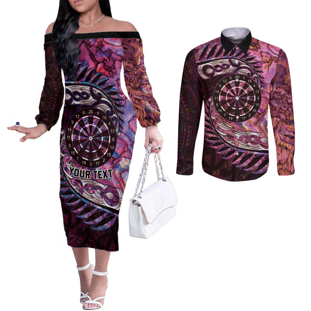 New Zealand Darts Personalised Couples Matching Off The Shoulder Long Sleeve Dress and Long Sleeve Button Shirt Aotearoa Silver Fern Pink Papua Shell Spirit