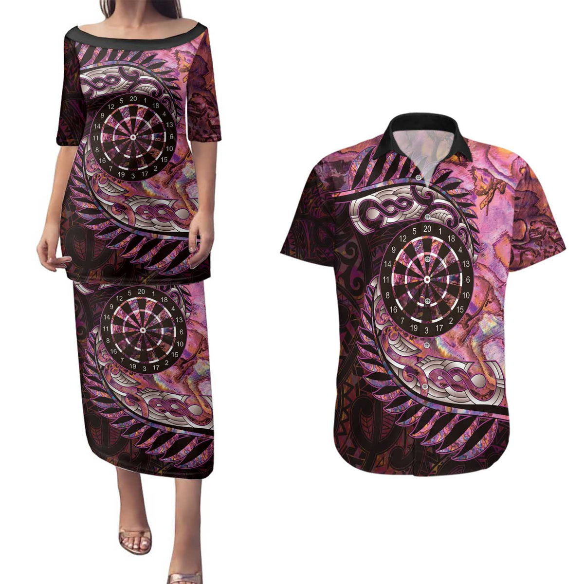 New Zealand Darts Personalised Couples Matching Puletasi and Hawaiian Shirt Aotearoa Silver Fern Pink Papua Shell Spirit