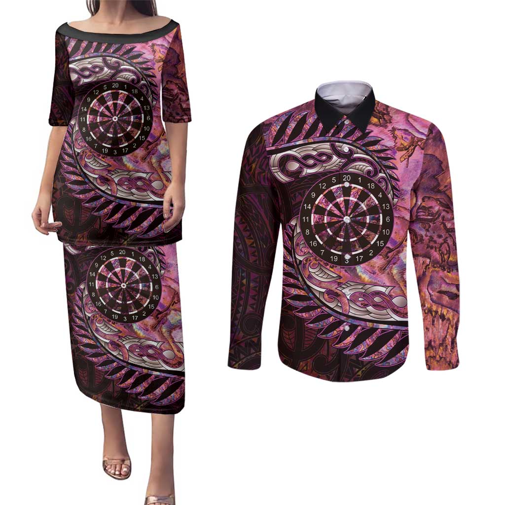 New Zealand Darts Personalised Couples Matching Puletasi and Long Sleeve Button Shirt Aotearoa Silver Fern Pink Papua Shell Spirit