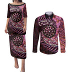 New Zealand Darts Personalised Couples Matching Puletasi and Long Sleeve Button Shirt Aotearoa Silver Fern Pink Papua Shell Spirit