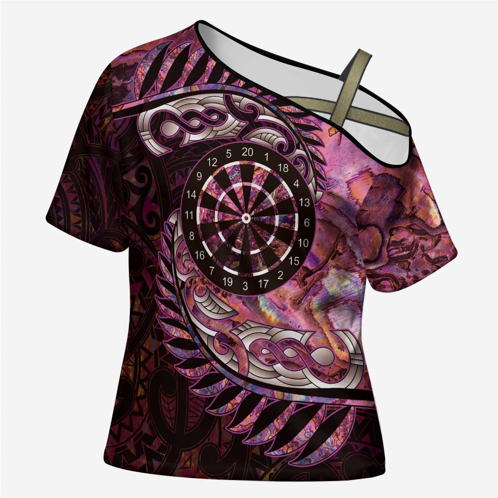 New Zealand Darts Personalised Cross Shoulder Shirt Aotearoa Silver Fern Pink Papua Shell Spirit - Aussie Hoodie