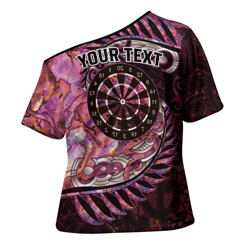 New Zealand Darts Personalised Cross Shoulder Shirt Aotearoa Silver Fern Pink Papua Shell Spirit - Aussie Hoodie