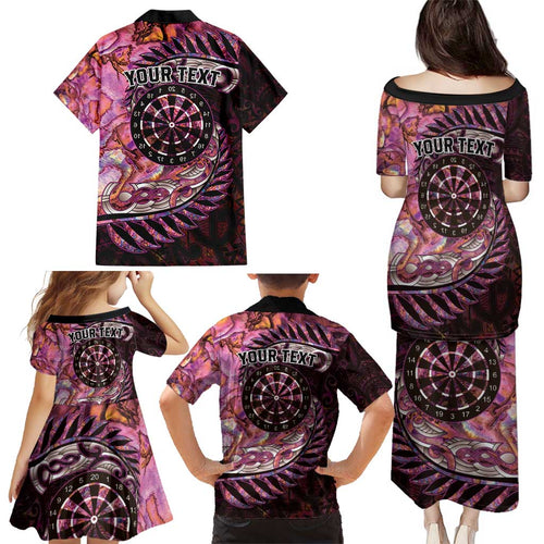 New Zealand Darts Personalised Family Matching Puletasi and Hawaiian Shirt Aotearoa Silver Fern Pink Papua Shell Spirit
