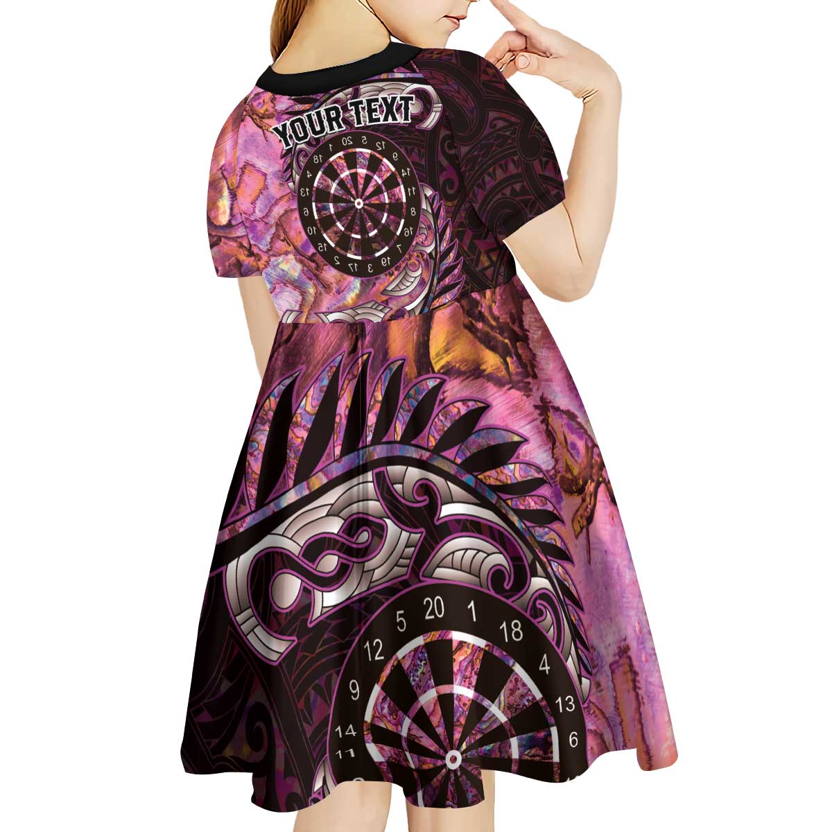 New Zealand Darts Personalised Kid Short Sleeve Dress Aotearoa Silver Fern Pink Papua Shell Spirit