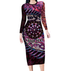 New Zealand Darts Personalised Long Sleeve Bodycon Dress Aotearoa Silver Fern Pink Papua Shell Spirit