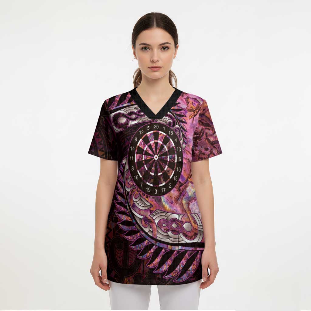 New Zealand Darts Personalised Scrub Top Aotearoa Silver Fern Pink Papua Shell Spirit - Aussie Hoodie