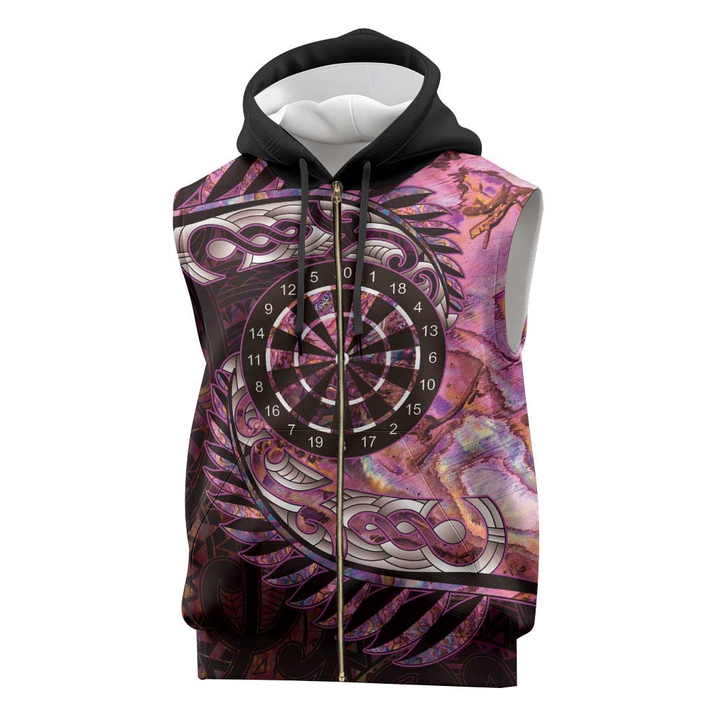 New Zealand Darts Personalised Sleeveless Zip Hoodie Aotearoa Silver Fern Pink Papua Shell Spirit - Aussie Hoodie