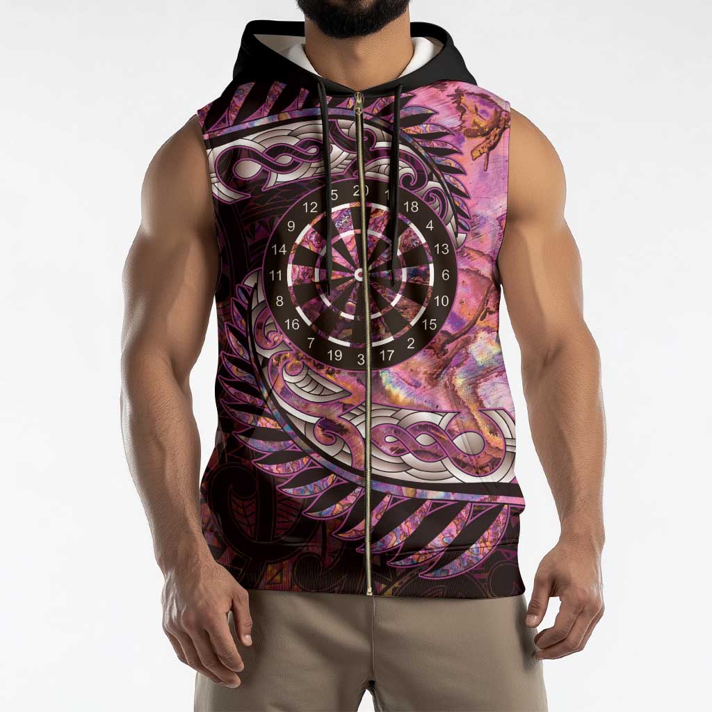 New Zealand Darts Personalised Sleeveless Zip Hoodie Aotearoa Silver Fern Pink Papua Shell Spirit - Aussie Hoodie