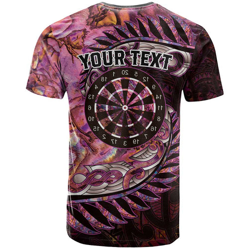 New Zealand Darts Personalised T Shirt Aotearoa Silver Fern Pink Papua Shell Spirit