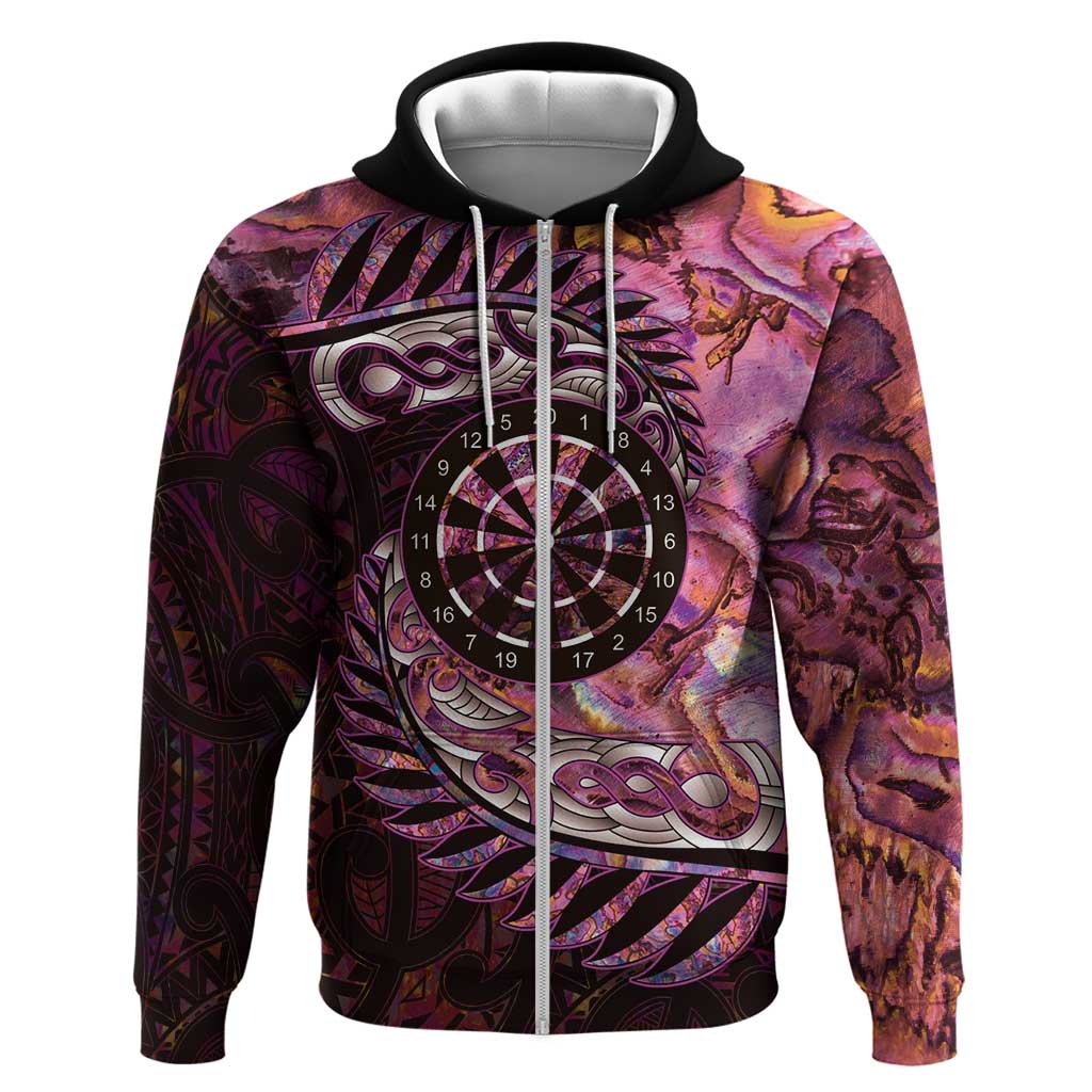 New Zealand Darts Personalised Zip Hoodie Aotearoa Silver Fern Pink Papua Shell Spirit