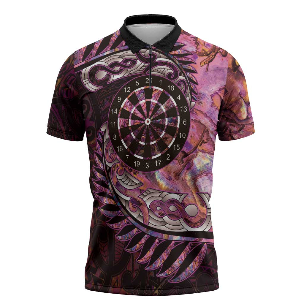 New Zealand Darts Personalised Zipper Polo Shirt Aotearoa Silver Fern Pink Papua Shell Spirit - Aussie Hoodie