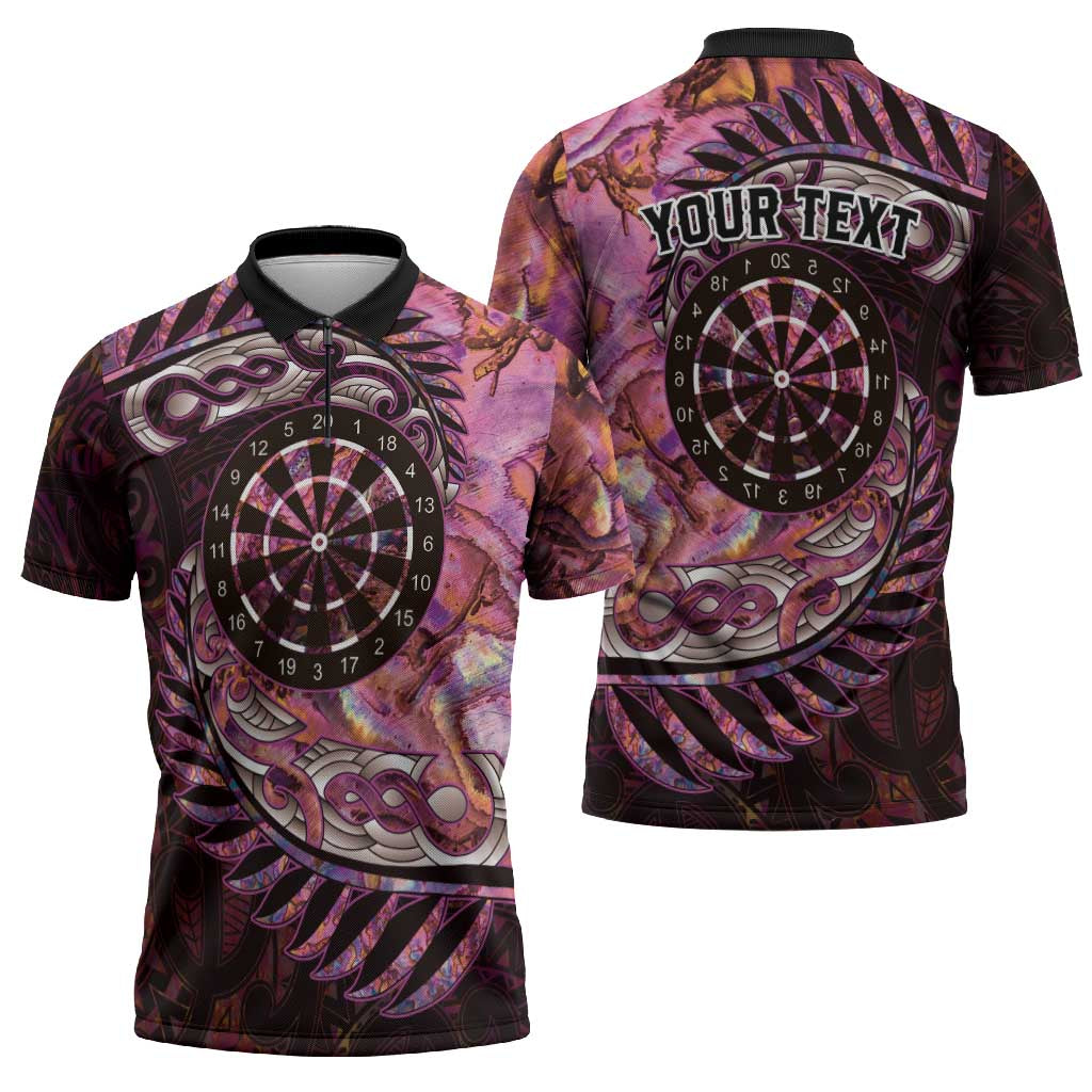 New Zealand Darts Personalised Zipper Polo Shirt Aotearoa Silver Fern Pink Papua Shell Spirit - Aussie Hoodie