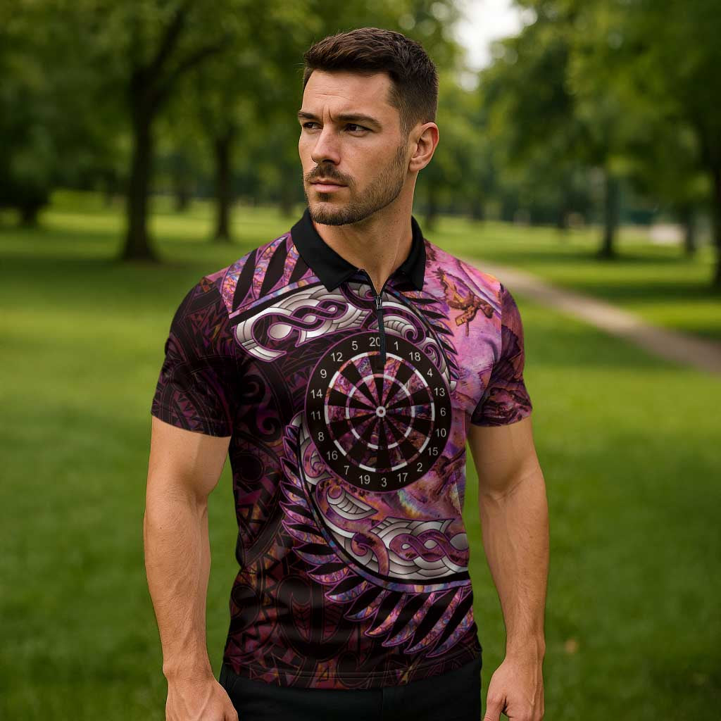 New Zealand Darts Personalised Zipper Polo Shirt Aotearoa Silver Fern Pink Papua Shell Spirit - Aussie Hoodie