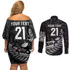 New Zealand Indigenous-Maori Rugby Custom Couples Matching Off Shoulder Short Dress and Long Sleeve Button Shirt