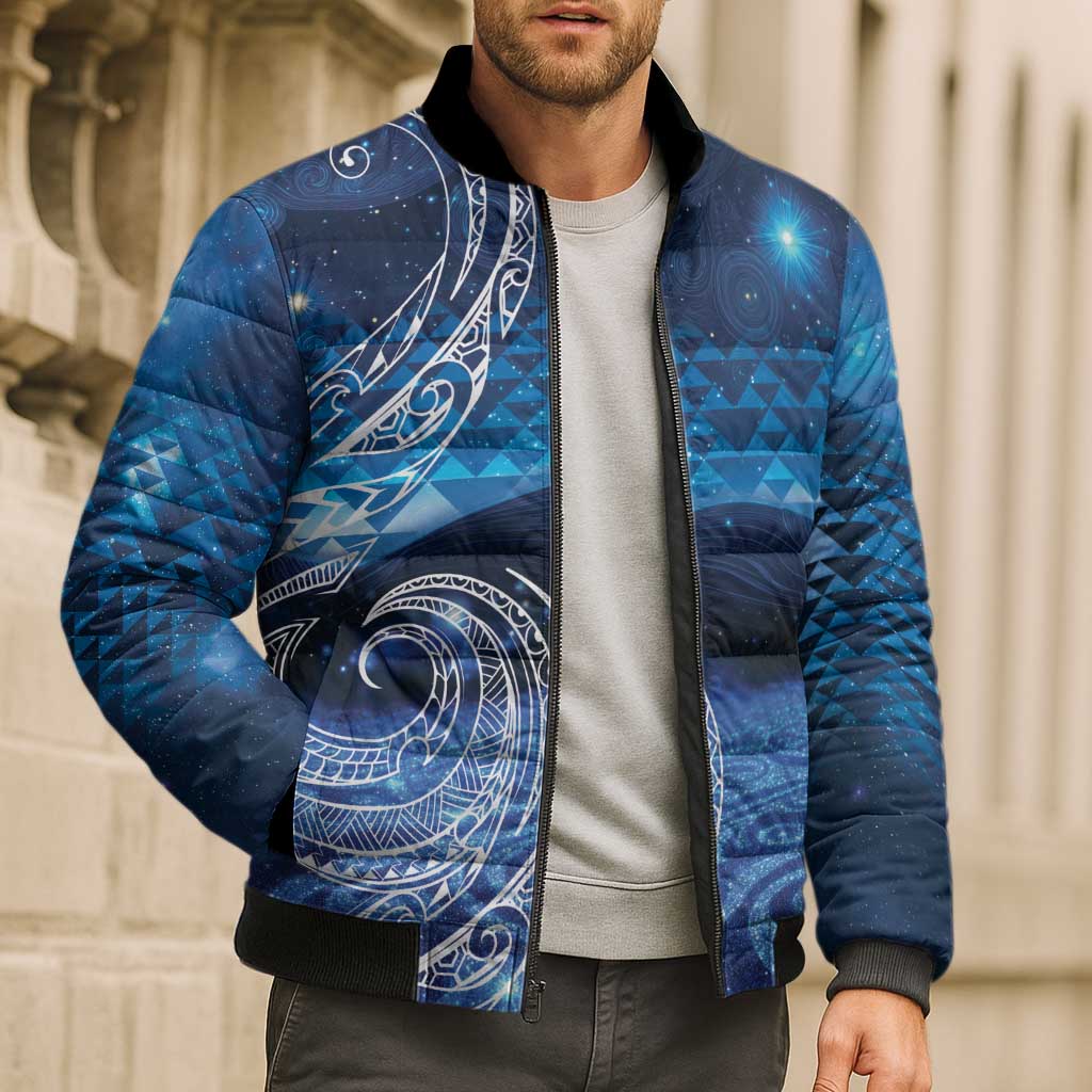 New Zealand Matariki Bomber Puffer Jacket Taniko Aramoana With Koru Galaxy Sky Night - Aussie Hoodie