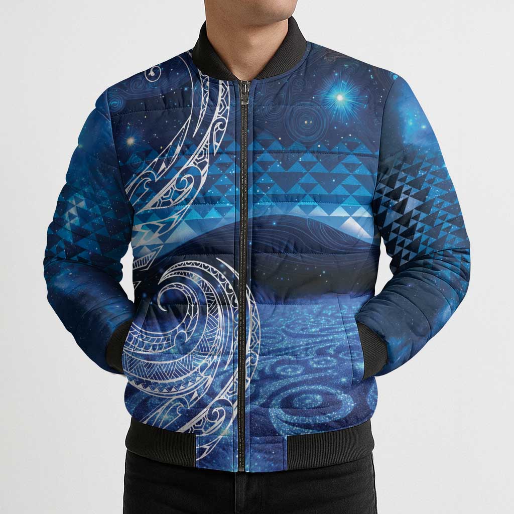 New Zealand Matariki Bomber Puffer Jacket Taniko Aramoana With Koru Galaxy Sky Night - Aussie Hoodie