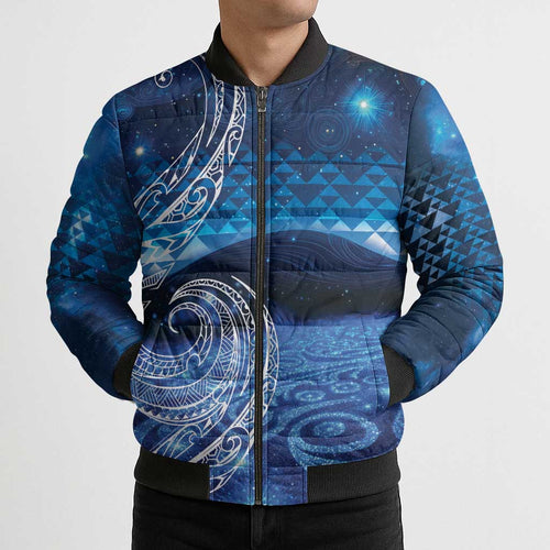 New Zealand Matariki Bomber Puffer Jacket Taniko Aramoana With Koru Galaxy Sky Night - Aussie Hoodie