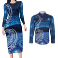 New Zealand Matariki Couples Matching Long Sleeve Bodycon Dress and Long Sleeve Button Shirt Taniko Aramoana With Koru Galaxy Sky Night