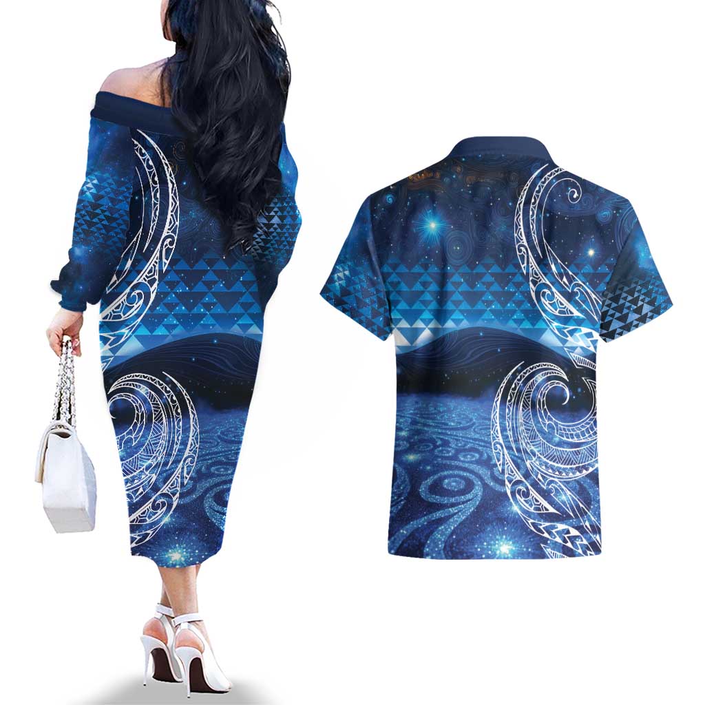 New Zealand Matariki Couples Matching Off The Shoulder Long Sleeve Dress and Hawaiian Shirt Taniko Aramoana With Koru Galaxy Sky Night