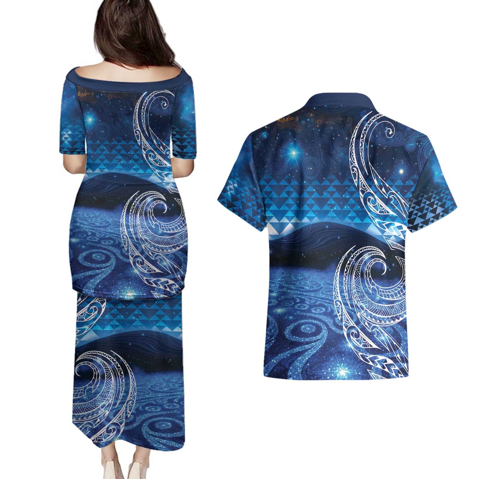 New Zealand Matariki Couples Matching Puletasi and Hawaiian Shirt Taniko Aramoana With Koru Galaxy Sky Night