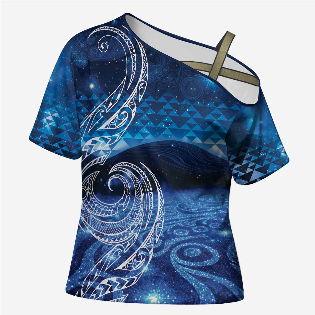 New Zealand Matariki Cross Shoulder Shirt Taniko Aramoana With Koru Galaxy Sky Night - Aussie Hoodie