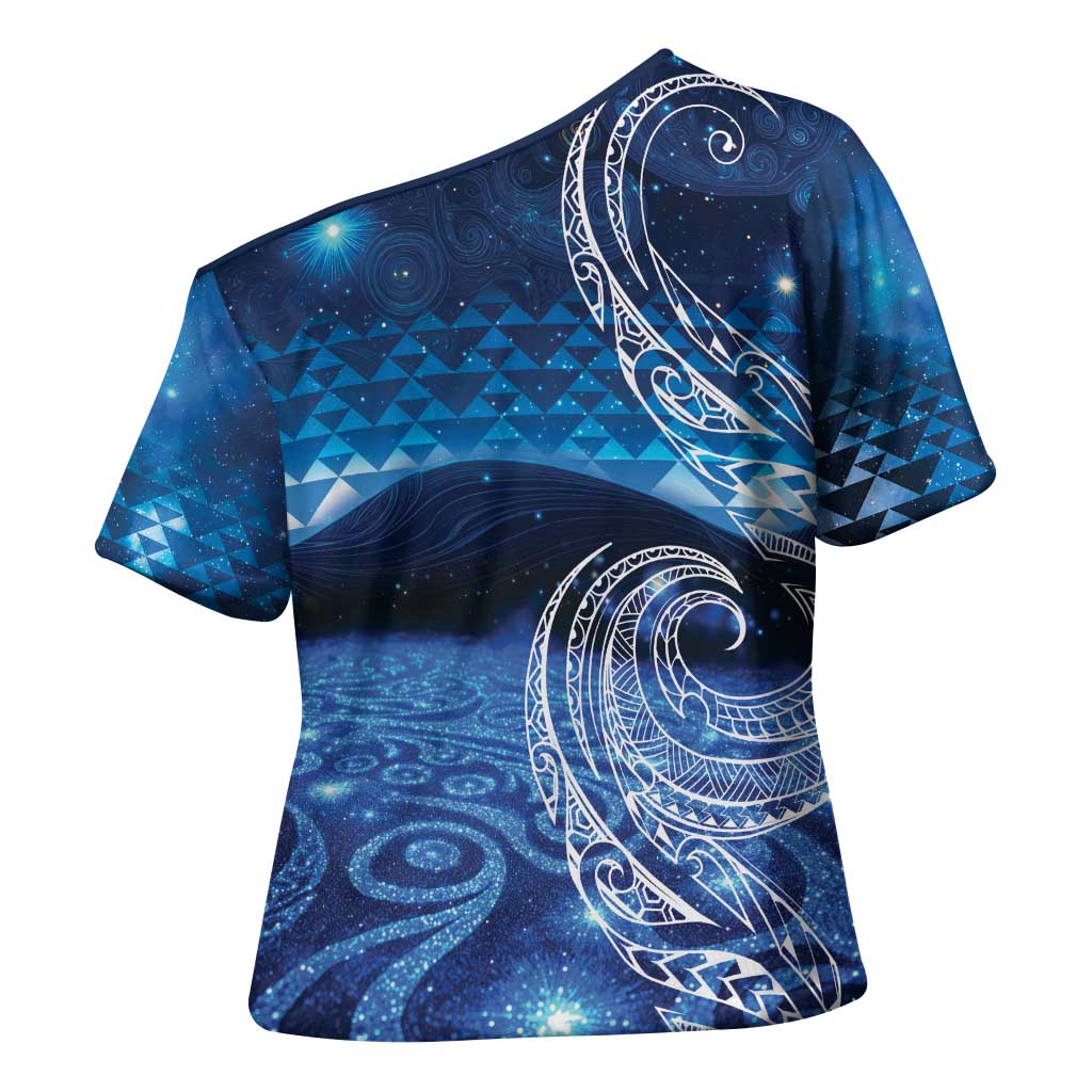 New Zealand Matariki Cross Shoulder Shirt Taniko Aramoana With Koru Galaxy Sky Night - Aussie Hoodie