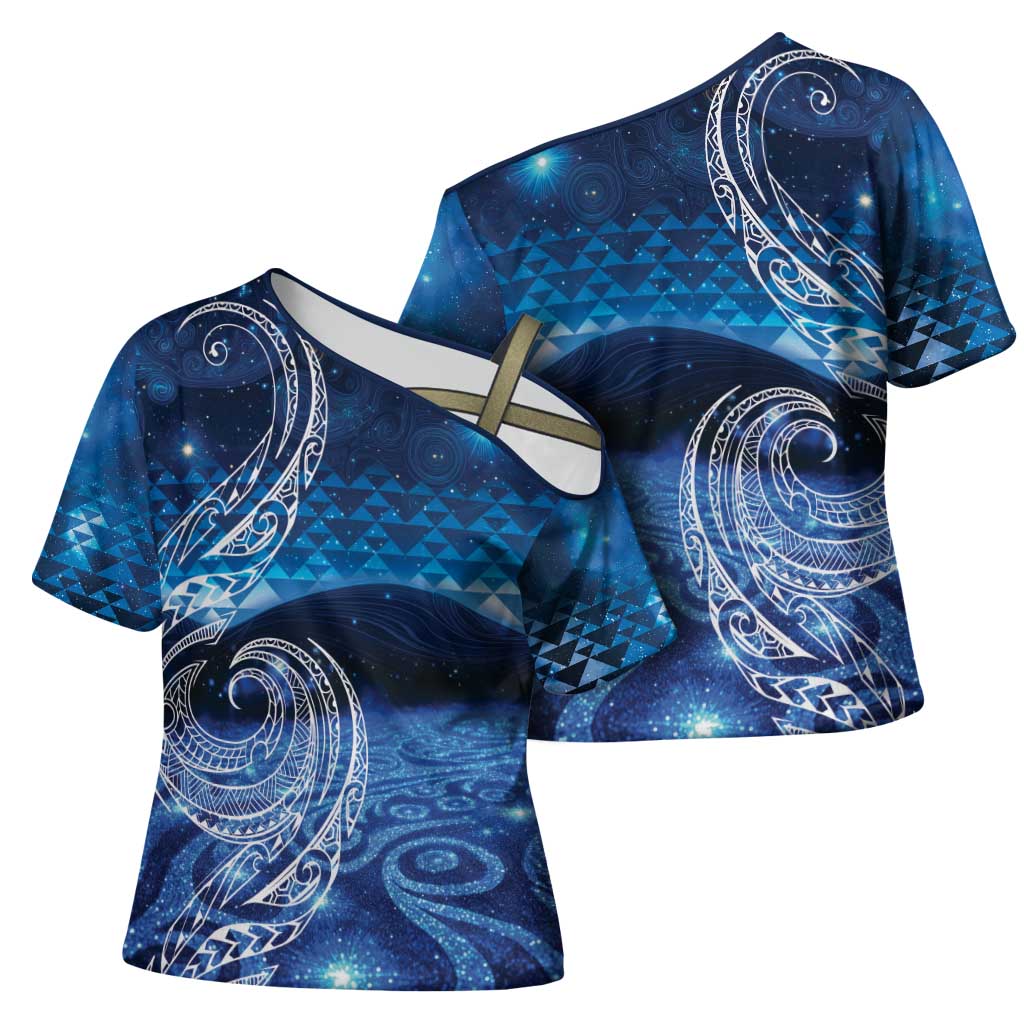 New Zealand Matariki Cross Shoulder Shirt Taniko Aramoana With Koru Galaxy Sky Night - Aussie Hoodie