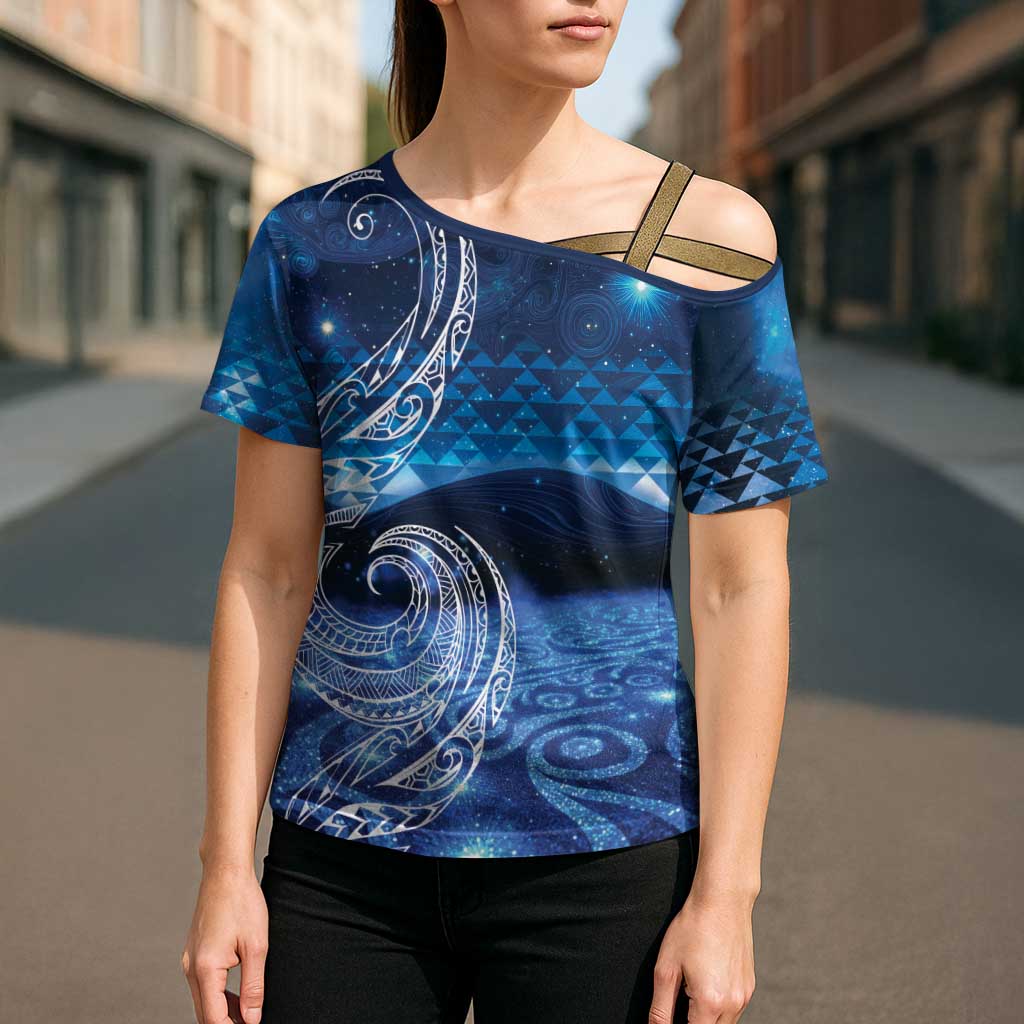 New Zealand Matariki Cross Shoulder Shirt Taniko Aramoana With Koru Galaxy Sky Night - Aussie Hoodie
